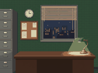 a bank back office at night with a beige terminal